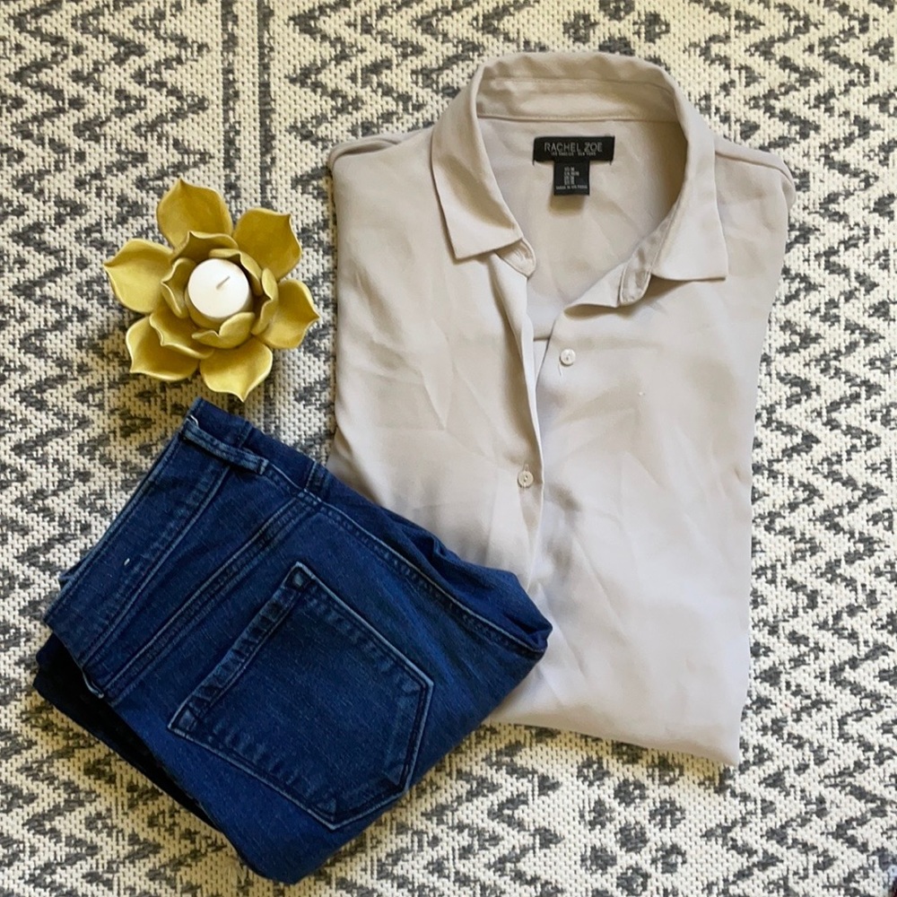 Rachel Zoe gray beige button down flowy top
